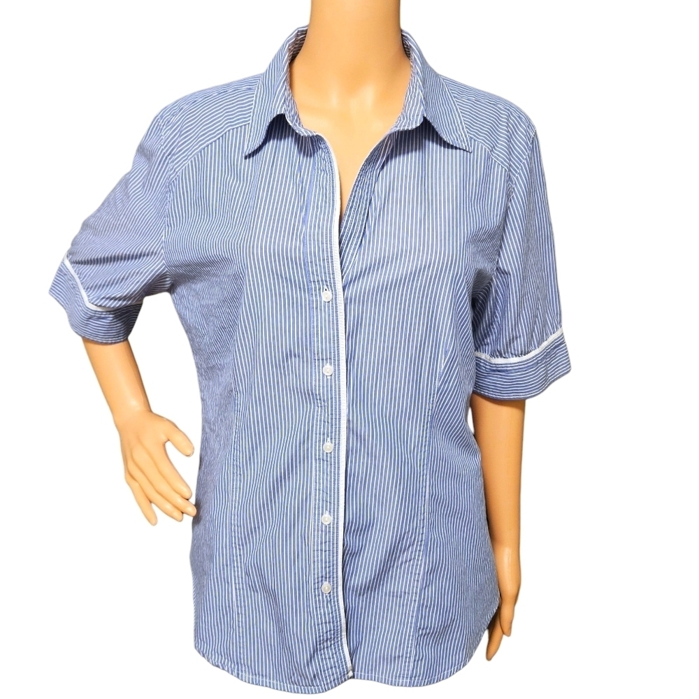 Chico's Blue White Stripe Button Front Shirt 2 / L Cotton Piping